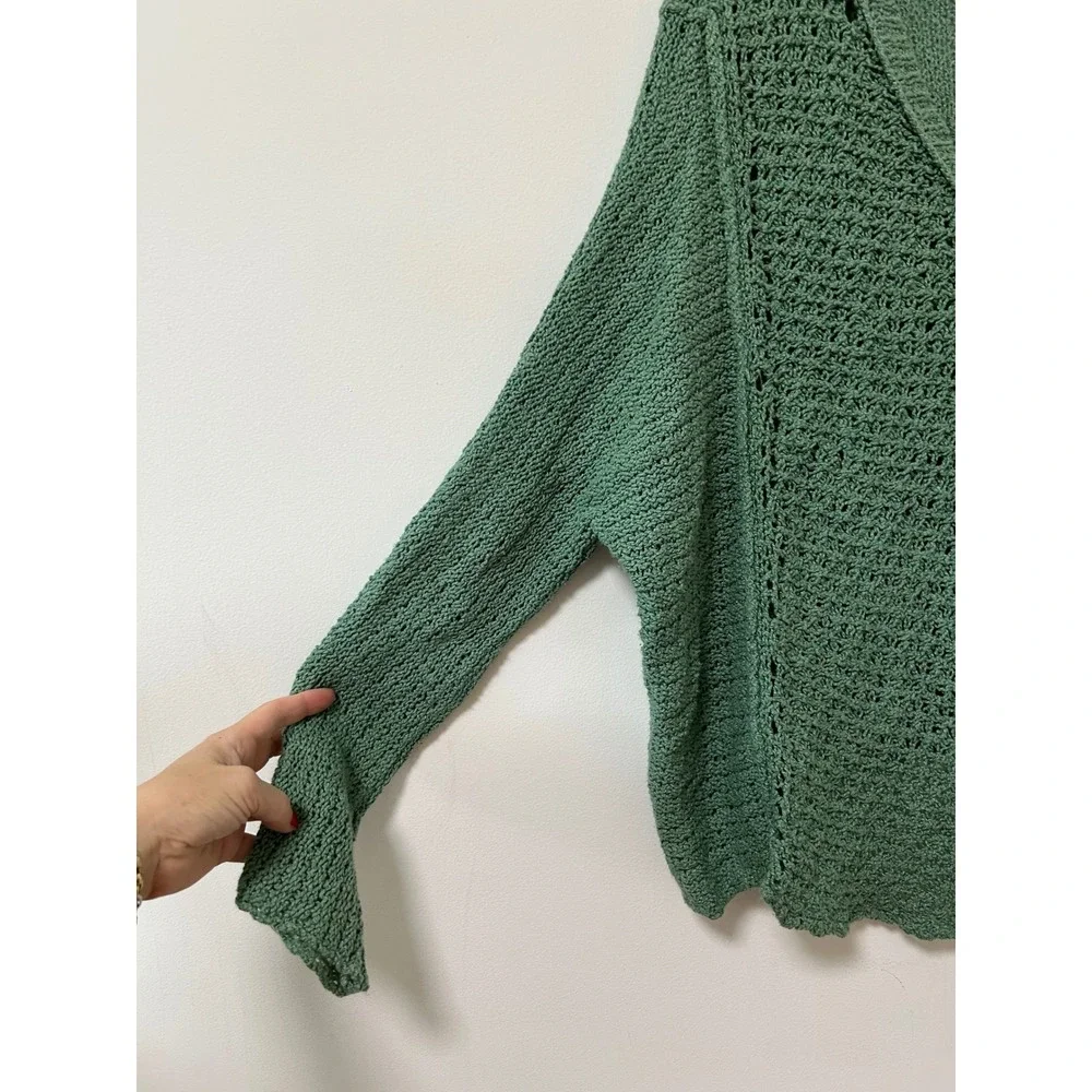 Free People Laguna Coast Womens Sage Green Open V-Neck Oversized Sweater‎ Sz M